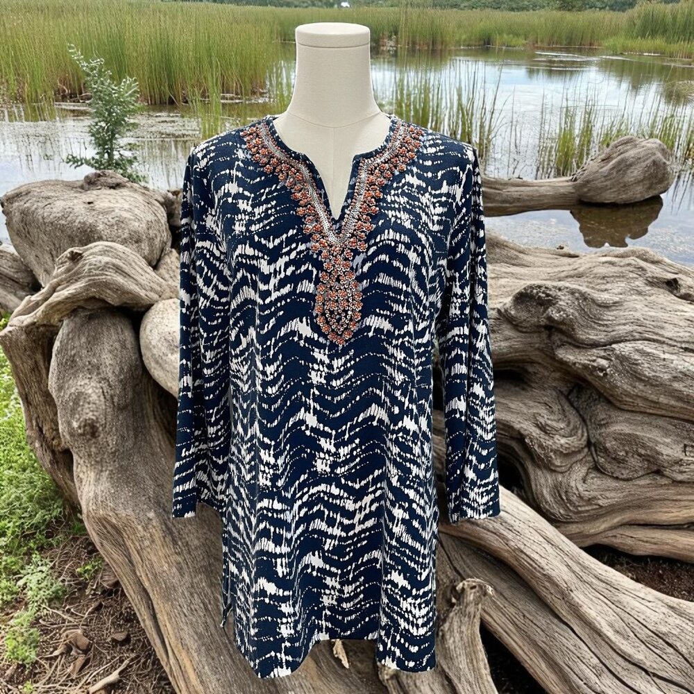 Fairhope Navy Beaded‎ Tunic Top Bohemian Coastal Resort Vacation Softcore M